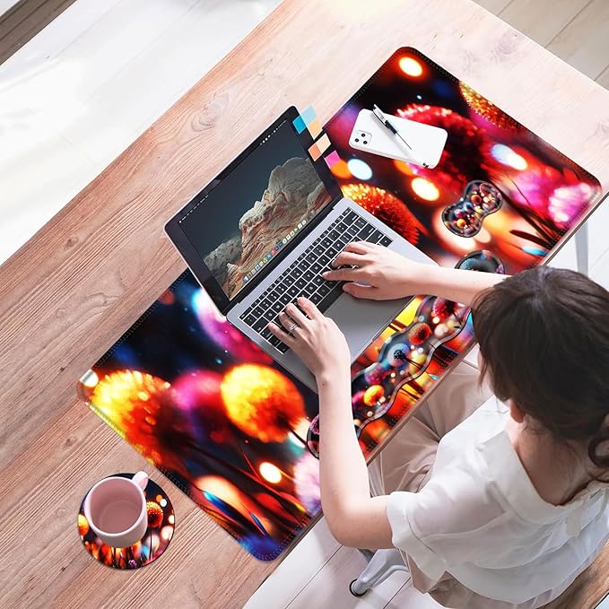 Mouse PadLarge Desk Mat Set 4in1 XL Mousepad + Keyboard Wrist Rest+Mouse Wrist Rest+Coaster with Ergonomic Desk Pad for Home Office Table Computer Cover -Colorful Glowing Dandelions
