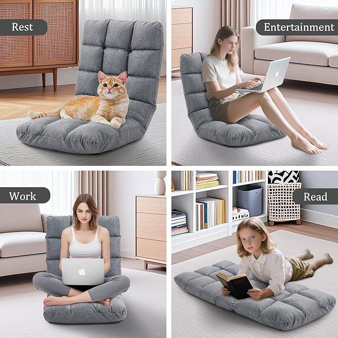 Folding Floor Gaming Chair with Back Support 14-Position Adjustable Recliner - Padded Cushion with Breathable Linen &amp Cotton Blend for Adults &amp Kids Perfect for Gaming Reading &amp Meditat