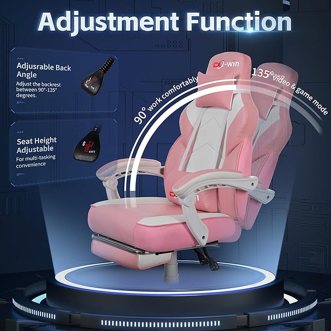 Video Gaming Chairs for Adults Gamer Chair with Footrest High Back Big and Tall Gamer Chair‘s with Massage Lumbar Support 360° Swivel Height Adjustable Computer Chaires Pink