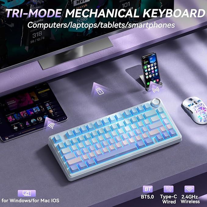 SOLAKAKA A75 Wireless Mechanical Keyboard Hot Swappable Gaming Keyboard with RGB Backlit Multifunction Knob Gasket Mounted Creamy Keyboard BT5.0/2.4GHz/USB-C 75% Compact Layout for Win/Mac/PC