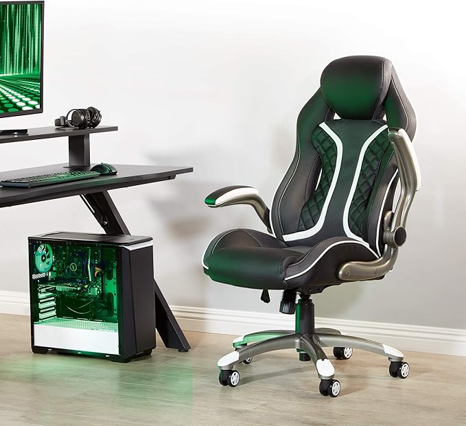 OSP Home Furnishings Xplorer 51 Ergonomic Adjustable High Back Gaming Chair with Lumbar Support and Padded Flip Arms Black Faux Leather with White Trim