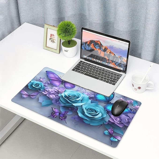Purple Butterfly Blue Rose Desk Cover MatExtended Large Mouse PadComputer Laptop Mat Desk Decor for Office Game Home 30x16 Inch
