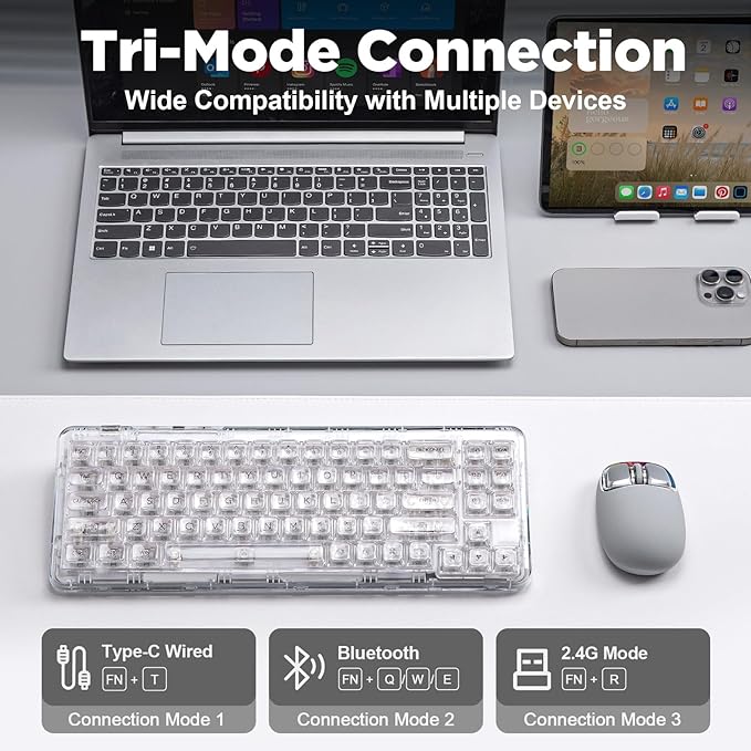 YUNZII X71 Wireless Hot Swappable Transparent Mechanical Keyboard with Clear Keycaps 68% Layout BT5.0/2.4G/USB-C Gasket Mount Wireless RGB Backlit for Windows/Mac(Crystal Ice SwitchWhite)