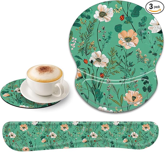 Ergonomic Gel Mouse Wrist Rest Pad and Keyboard Pad SetAnti-Slip PU Bottom Easy Typing and Relieve Wrist Pain with Cute Coaster Set (3-Beautiful Floral)
