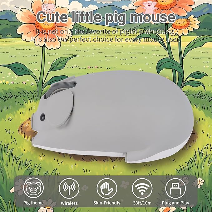 elec Space Cute Pig Design Wireless Mouse Dual Mode Bluetooth &amp USB Mouse Silent Operation Ergonomic Perfect for Laptops &amp PCs Ideal Gift for Animal Lovers and Family(Gray)