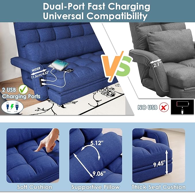 STHOUYN Comfy Bedroom Chair with 2 USB Charging Ports 5-Position Floor Couch Gaming Chairs for Adults Lounge Chair Indoor Folding Lazy Sofa Meditation Arm Dorm Chair Living Room (Navy Blue)