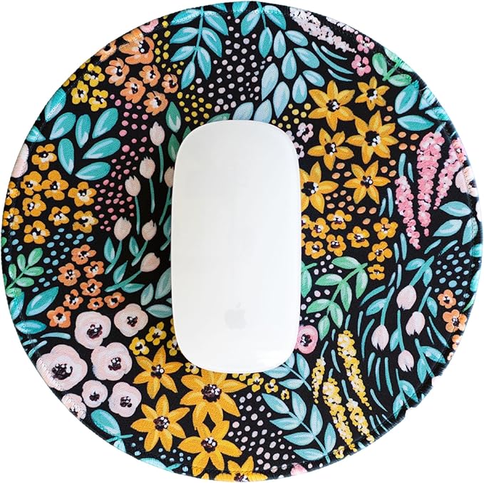 Elyse Breanne Design 8.5 Inch Round Mouse Pad for Computer Desktop Protector Non-Slip Rubber Backing Black Floral