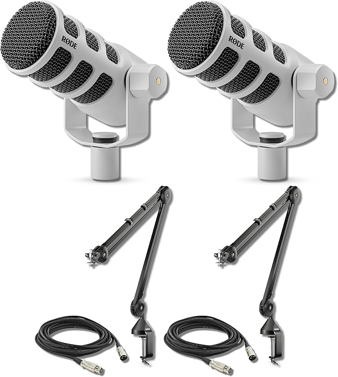 Rode PodMic White (Pair) Cardioid Dynamic Broadcast Microphone with 2X PSA1 Broadcast Microphone Boom Arms and 2X XLR Cables