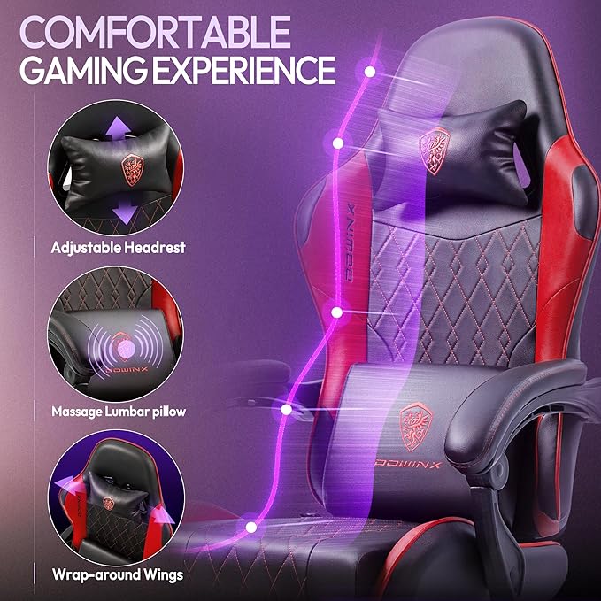 Dowinx Gaming Chair with Massage Lumbar Support and Footrest Video Game Chair for Adults Adjustable Ergonomic Gamer Chairs High Back with Pocket Spring Cushion Swivel Recliner Black and Red