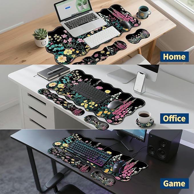 4-in-1 XXL Gaming Mouse Pad Set (31.5x11.8) with Keyboard Wrist RestMouse Wrist Support &amp CoasterNon-Slip Desk Mat for Office、Home、GamingGarden Flowers