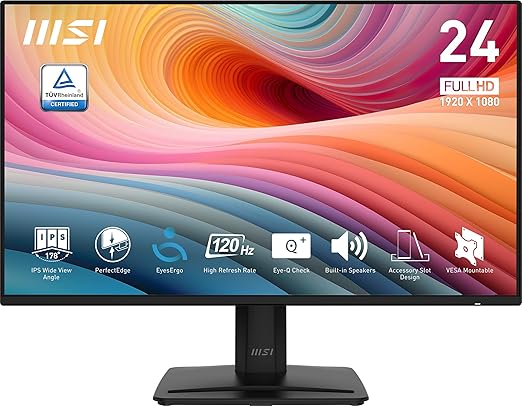 msi PRO MP242A E2 24-inch IPS 1920 x 1080 (FHD) Gaming Office Monitor 120Hz Adaptive-Synch HDR Ready HDMI VGA Port Display PortVESA Mountable Tilt Speaker 4-Side Slim Bezel1ms Black