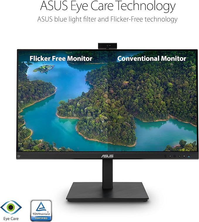 ASUS 27” 1080P Video Conference Monitor (BE279QSK) - Full HD IPS Built-in Adjustable 2MP Webcam Mic Array Speakers Eye Care Wall Mountable Frameless HDMI DisplayPort VGA Height Adjustable