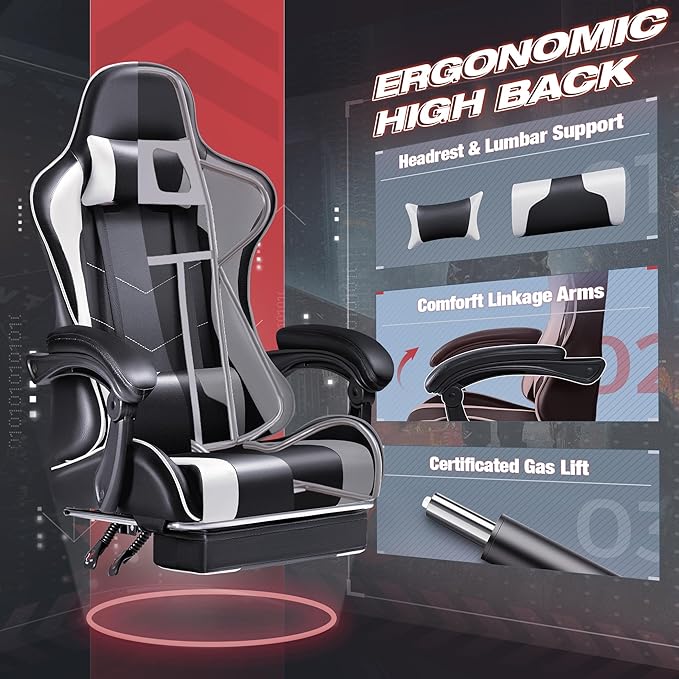Furmax Gaming Chair Video Game Chair with Footrest and Massage Lumbar Support Swivel Seat Height Adjustable Computer Chair with Headrest Racing E-Sport Gamer Chair (White)