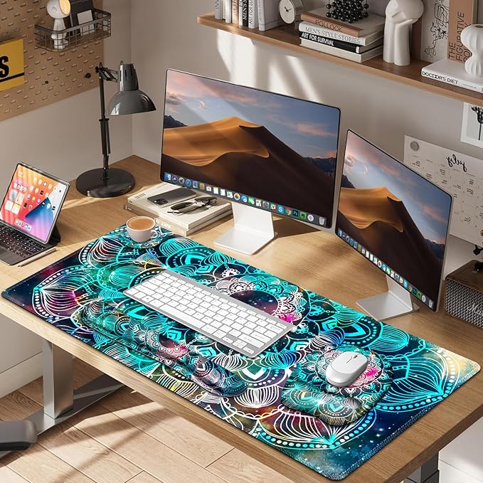 Large Mouse Pad with Wrist Support 4 in1 Set XXL Big Game Mousepad + Keyboard Wrist Rest+Mouse Wrist Rest+Coaster Ergonomic Gaming Mat for Home Office Table Computer I Nice Green Mandala