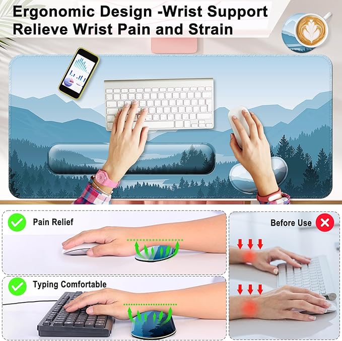 Keyboard Wrist Rest + Mouse Pad with Wrist Support + Desk Mat + Coaster 4 in 1 Set XXL Large Gaming Mousepad Cute Ergonomic Mouse Pads for Desk Computer Laptop Office Decor-Vector Forest