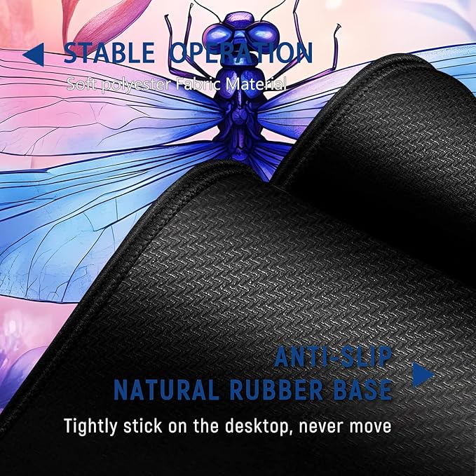 Large Mouse Pad + Keyboard Wrist Rest Set Extended Gaming Mousepad (31.5X11.8 inch) with Non-Slip Rubber Ergonomics Memory Foam Mouse Wrist Rest Support Watercolor Dragonfly XXL Desk Pad