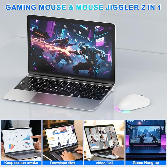 Bluetooth Wireless Gaming Mouse for MacBook Air PC iPad Pro Ergonomic Rechargeable Laptop Mice with Jiggler Mode 8000DPI RGB Computer Mouse Wired/Bluetooth 5.3/2.4G USB 3 Mode Connect - White