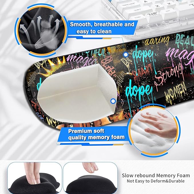 Large Gaming Mouse Pad+ Keyboard Wrist Rest Set Ergonomics Memory Foam Mouse Mat Wrist Rest Support Waterproof Extended Mousepad 31.5x11.8in African American Black Women Graffiti Girl Desk Pad