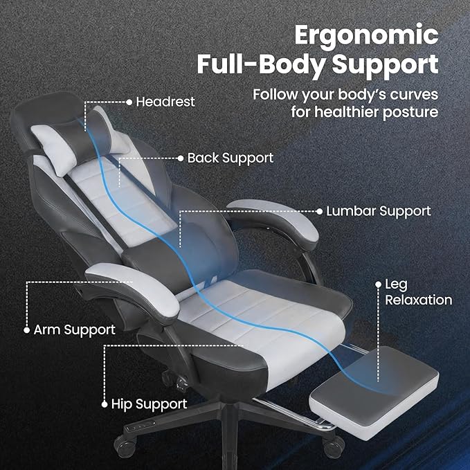 Giantex Gaming Chair Ergonomic Video Game Chair w/Footrest Lumbar Support Headrest Reclining Backrest &amp Linkage Armrests Height Adjustable 360° Swivel Computer Desk Chair for Home Office (Gre