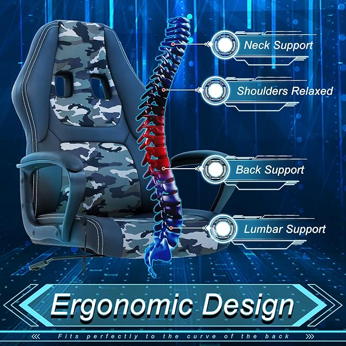 Gaming Chair With Massager Ergonomic Office Video Gaming Computer Leather Desk Racing Comfy Massage Silla Gamer for Adults and Kids Camo