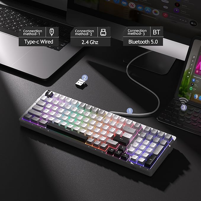 MageGee LIGHT100 Wireless Creamy Keyboard Gasket Structure Hot Swappable Tri-Mode 2.4G/USB-C/BT5.0 RGB Backlit Mechanical Gaming Keyboard for Win/Mac/PC PBT Keycap 4000mAh Battery Grey