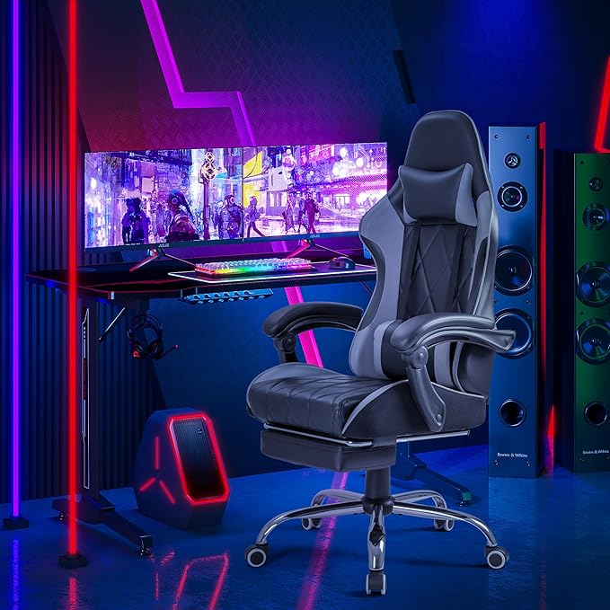 Homall Gaming Chair Computer Chair with Footrest and Massage Lumbar Support Ergonomic High Back Video Game Chair with Swivel Seat and Headrest (Grey)