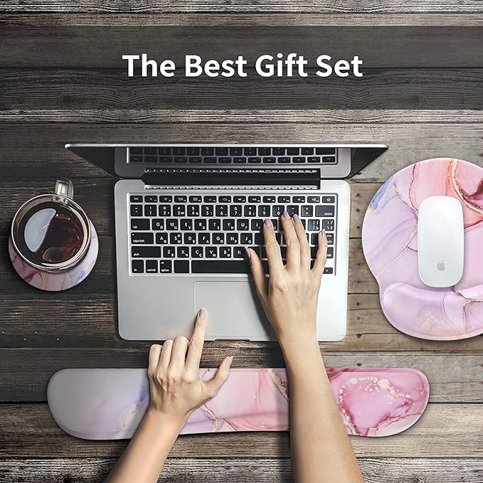 iCasso Desk Mat Gaming Mouse Pad Wrist Support Set4in1 XXL Large Mousepad + Keyboard Wrist Rest+Mouse Wrist Rest+Coaster Set with Ergonomic Design for Home Office Table Computer-Glitter Marble