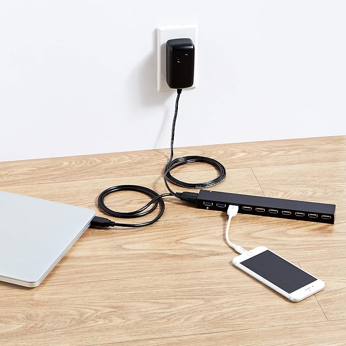 Amazon Basics USB 3.0 10-Port Hub with AC Adapter 5Gbps Faster Data Transfer for Multiple Devices Black
