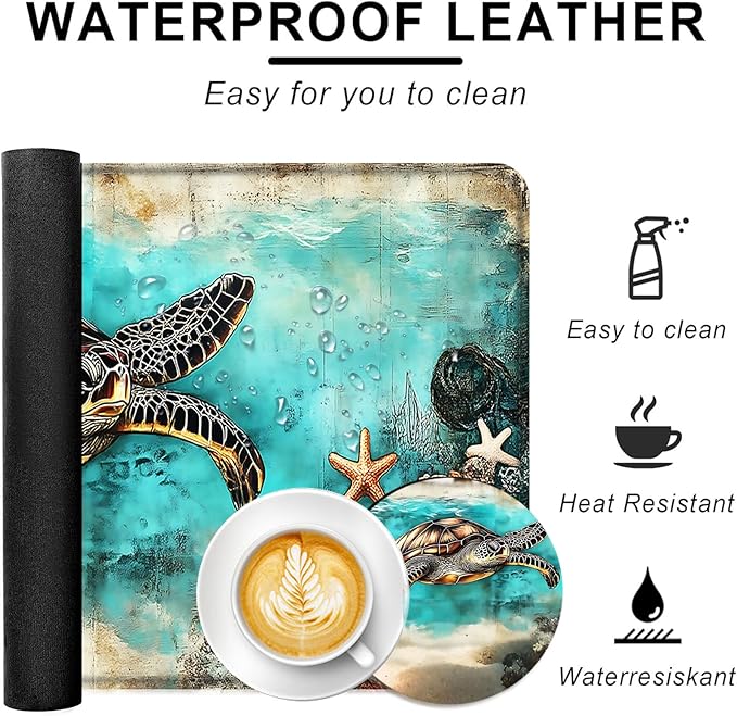 Large Keyboard Mouse Pad Set Extended Mouse Pad+Keyboard Wrist Rest Support Memory Foam Ergonomic Easy Typing 4Pcs (31.5×11.8 in) Desk Pad Set for Office HomeWatercolor Sea Turtle
