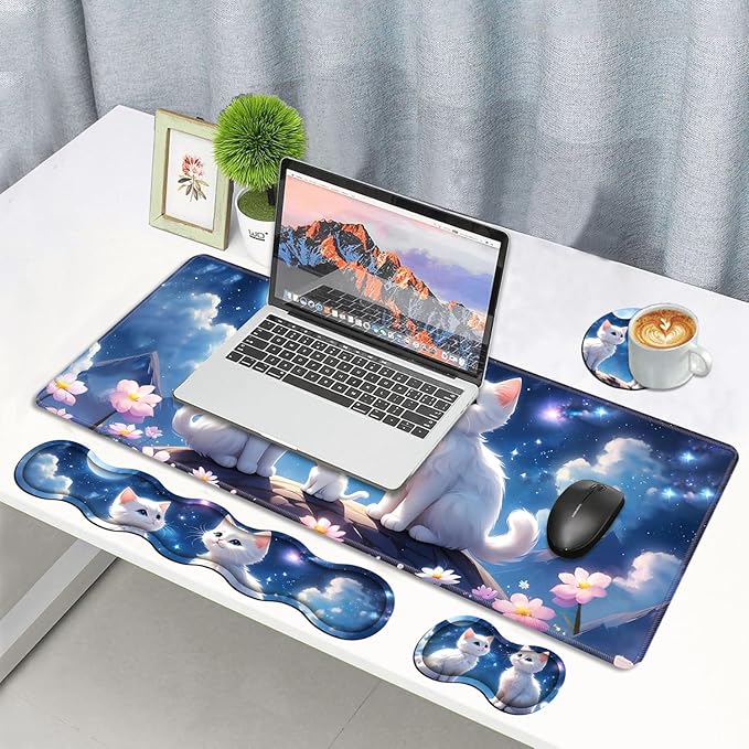 4 in 1 Ergonomic Memory Foam Mouse Pad Wrist Rest Set Large XXL Gaming Desk Pad + Keyboard Wrist Rest + Mouse Wrist Cushion + Coaster for Home Office Study Gaming Cute Cat