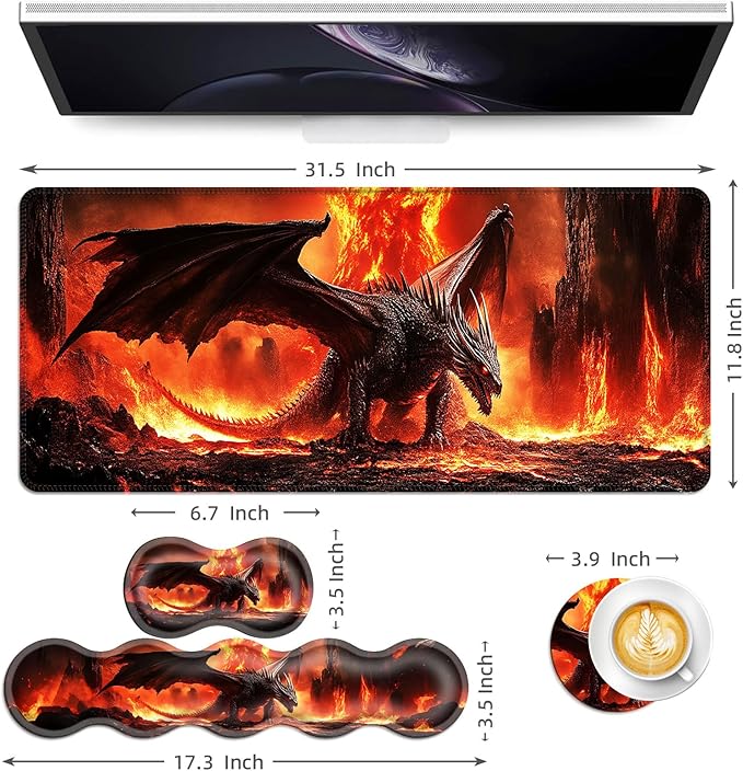 Keyboard Mouse Pad Set Extended Gaming Mouse Pad+Ergonomics Keyboard Wrist Rest Support Memory Foam Easy Typing Pain Relief 4Pcs XL Ultra Thick Desk MatFire Dragon