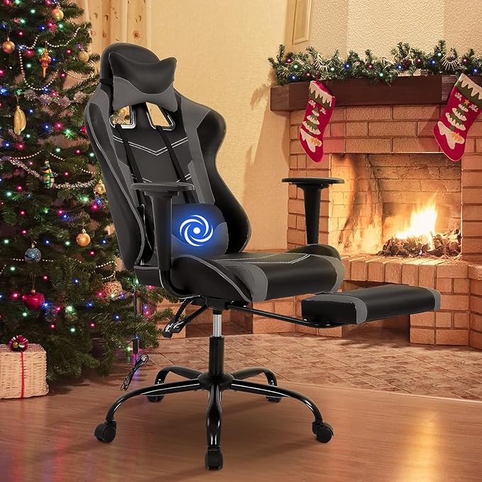 BLKMTY Massage Gaming Chair with Footrest Ergonomic Office Chair Racing Computer Chairs PU Leather with High Back Lumbar Support Headrest Reclining Chairs Grey
