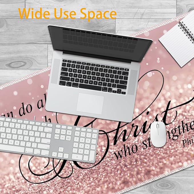 Large Mouse Pad Set Desktop Mouse Pad + Keyboard Wrist Pad + Mouse Wrist Pad + Coaster Ergonomic Memory Foam Multi-Functional Desk Mat - Bible Verse Pink Glitter Phil 4-13