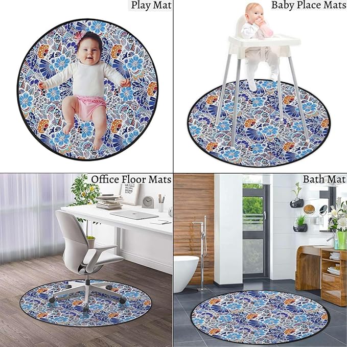 Multicolor Round Rug Rugs Soft Non-Slip Circular Throw Rug Carpet for Shower Sink Powder Room Nursery Bedroom Table Colorful Shapes Floral Flower Art Diameter 51 in