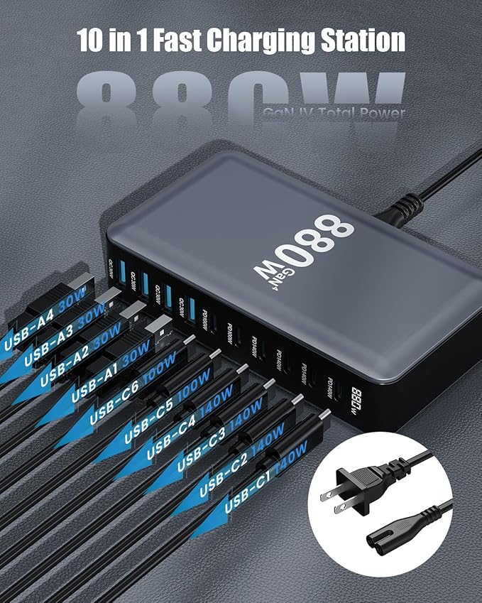 880W USB C Charger Block10-Port USB C Charging Station GaN IV Travel Essentials Multiple Port Charging Station140W Laptop Fast Charger Adapter for MacBook Pro/AirDELLiPadiPhoneSamsung Galaxy