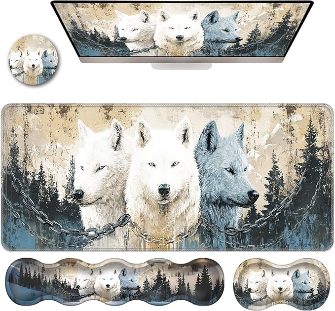 Ergonomic Keyboard Wrist Rest &amp Mouse Pad Wrist Rest SetXL Gaming Desk Mat 31.5x 11.8Non-Slip BaseMemory FoamEasy Typing Pain Relief for Office &amp HomeWolves Metal Chain Winter