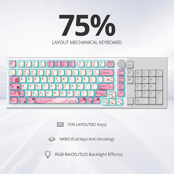 75% TKL Wired Mechanical KeyboardRGB Backlit Gasket Mount 82 Key Hot Swappable Custom Linear Red Switch Gaming Keyboard with Volume Knob &amp PBT Keycaps (Pink)