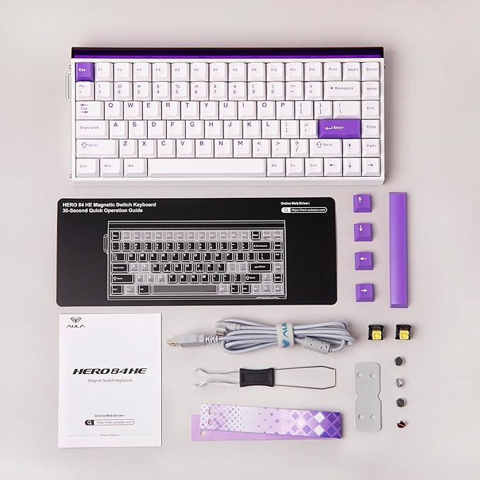 MechLands Aula Hero84 HE Wired Magnetic Gaming Keyboard Rapid Hall Effect Keyboard with 0.01mm Adjustable Actuation 8kHz Polling 5-Layer Sound Dampening RGB Lightbox &amp Backlit (White Purple)