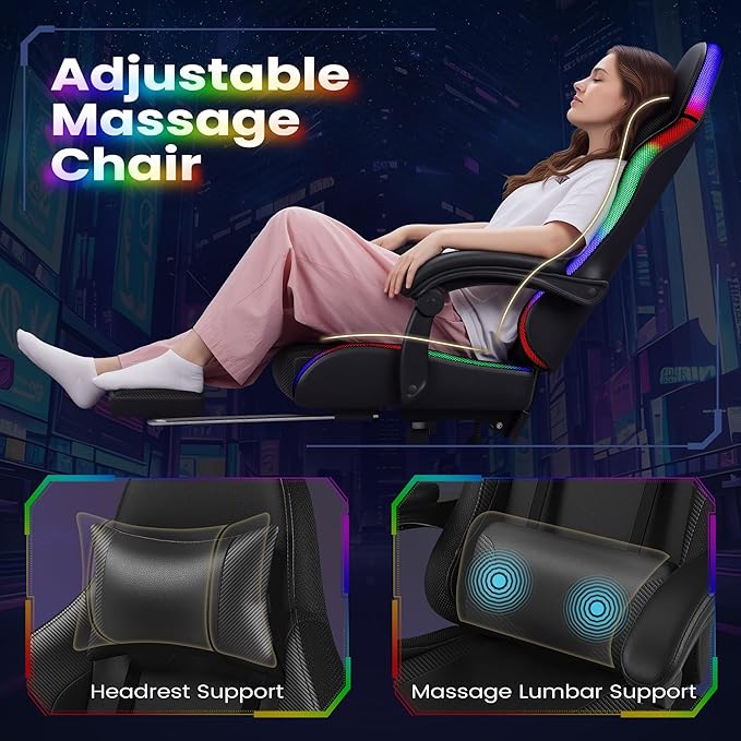 Homall Gaming Chair Video Game Chair with Footrest and Massage Lumbar Support Ergonomic Computer Chair Height Adjustable with Swivel Seat and Headrest (RGB Dark Black)