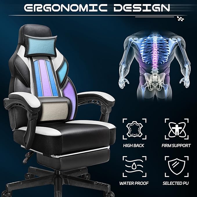 Gaming Chair for Adults Gaming Chairs with Footrest Ergonomic Video Game Chair with Massage Lumbar Big and Tall Computer Chair Height Adjustable with Headrest and 360° Swivel Seat White