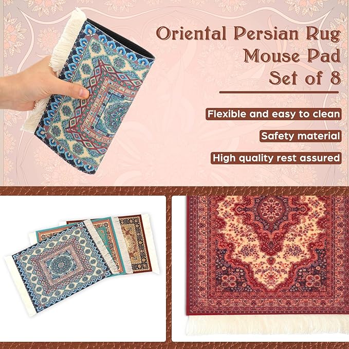 Kanayu 8 Pcs Persian Style Carpet Rug Mouse Pad Vintage Oriental Floral Mouse Pad Woven Rug Graduation Gift with Non Slip Rubber Base for Computer Laptop Desktop Table Decor(Floral)