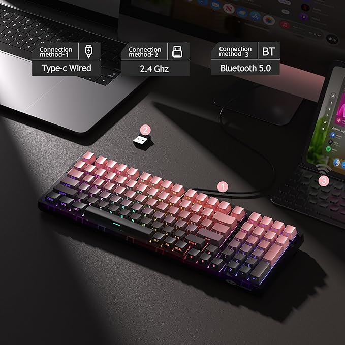 MageGee LIGHT100 Wireless Creamy Keyboard Gasket Structure Hot Swappable 2.4G/USB-C/BT5.0 RGB Backlit Mechanical Gaming Keyboard for Win/Mac/PC 8000mAh Battery Side Printed PBT Keycap Pink