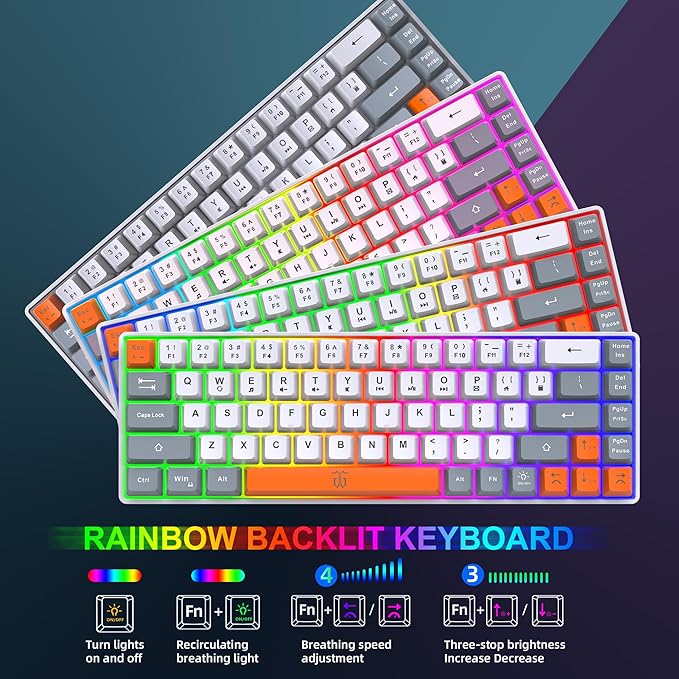 Snpurdiri 60% Wireless Gaming Keyboard and Mouse ComboRainbow Backlit Rechargeable 2000mAh BatteryMini Mechanical Feel Keyboard +Popular RGB Mice for GamingBusiness Office(Gray-White-Orange)