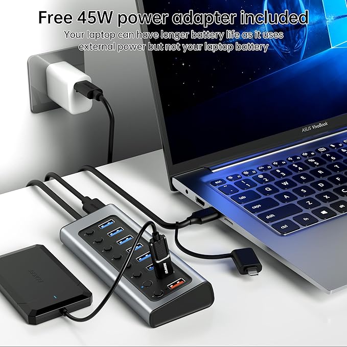 BENFEI 7-Port USB 3.0 Data Hub with BC 1.2 Charging Port 45W GaN Super Fast Charger Dual Type C