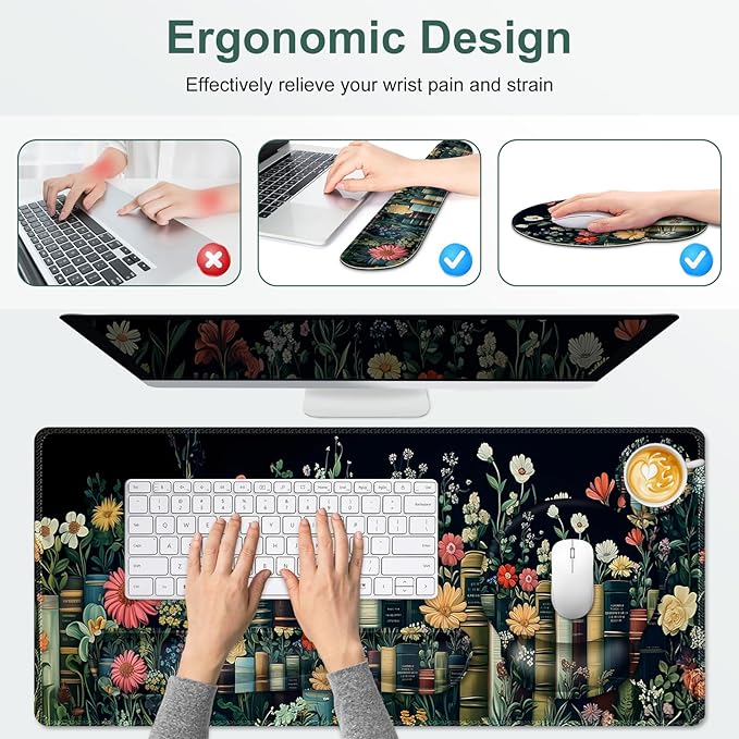 Wildflowers Mouse Pad Large Desk Mat Extended Nature Botanical Aesthetic Deskpad 4 PCS Non-Slip Rubber Base Computer Mouse Pads for Work Game Office Home Decor Gifts I Floral Plants Books