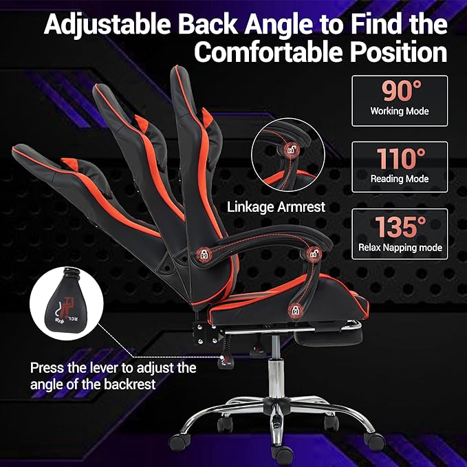 Ergonomic Gaming Chair with 360° Swivel &amp Recline 90-135°Adjustable Backrest Lumbar Massage Support Linkaged Armrests Heavy-Duty Casters &amp Frame Esports Office Computer Desk Chair Black