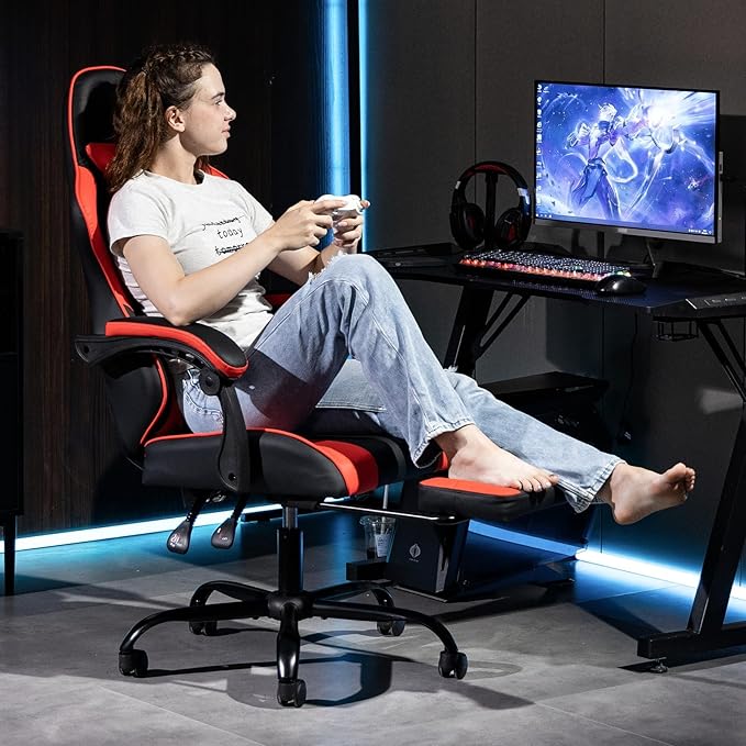 Gaming Chair with Footrest for Adults - PU Leather Video Game Chair w/Massage Lumbar Support for Men Women Ernogomic Computer Gamer Chair for Home Office Height Adjustable Red