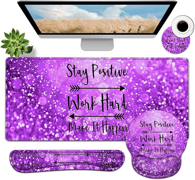Large Mouse Pad Ergonomic Mouse Pad with Wrist Rest and Keyboard Wrist Rest 4 in 1 Set 31.5 x11.8 inch Extended Desk Pad for Home Office Work Hard Quotes Purple Gradient Gilt XXL Gaming Mouse Mat