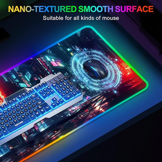 ARTSO RGB Gaming Mouse Pad Large Extended Soft Led Mouse Pad with 14 Lighting Modes 2 Brightness Water Resist Keyboard Pad Computer Mousepads Mat 35.4x15.7inch Night City