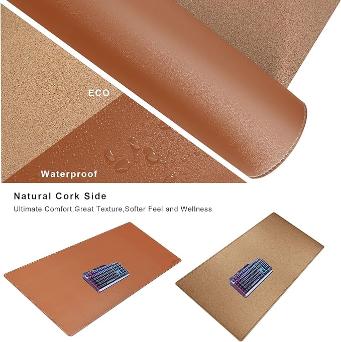 Mydours Cork &amp PU Leather Desk Mat 48 x 20 Large Gaming Mouse Pad XXXL Dual-Sided Portable Desk Pad Blotter Keyboard Computer Desktop Protector for Office Home (Brown)